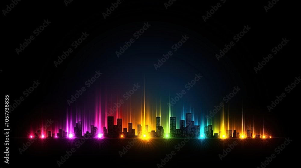 City skyline with a rainbow of colors. The city is lit up with bright lights, creating a vibrant and lively atmosphere. The colors of the rainbow are spread across the skyline City skyline with a rainbow of colors. The city is lit up with bright lights, creating a vibrant and lively atmosphere. The colors of the rainbow are spread across the skyline