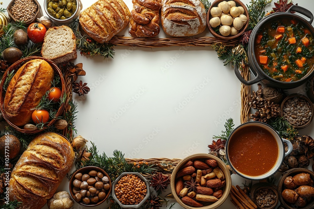 Rustic autumn feast layout with bread, soups, nuts, and seasonal herbs Rustic autumn feast layout with bread, soups, nuts, and seasonal herbs
