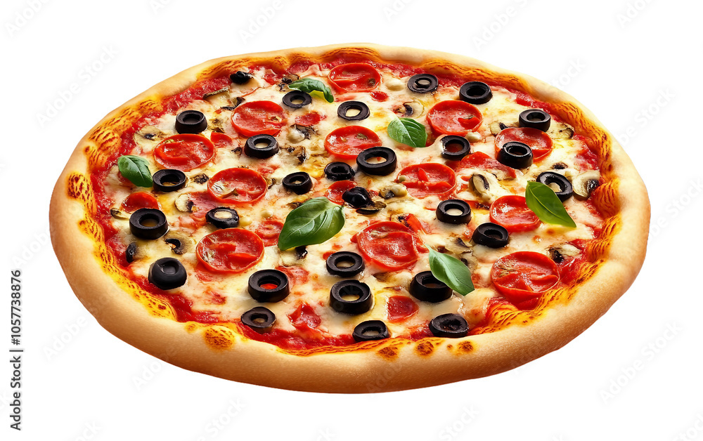 Delicious Pepperoni Pizza with Olives and Fresh Basil Perfect for Food Photography and Menus Delicious Pepperoni Pizza with Olives and Fresh Basil Perfect for Food Photography and Menus