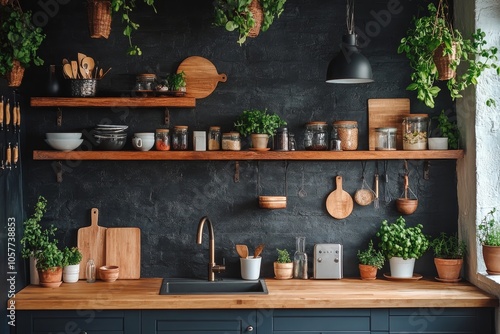 Rustic kitchen shelves filled with jars, bowls, and fresh herbs in a cozy ind...