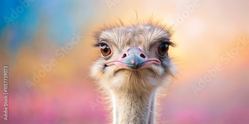 Ostrich Close-Up A Portrait of Curiosity Against a Soft, Blurred Background photo