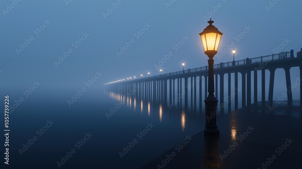 Obraz premium Street light is lit up on a foggy night. The light is on a pier next to a body of water