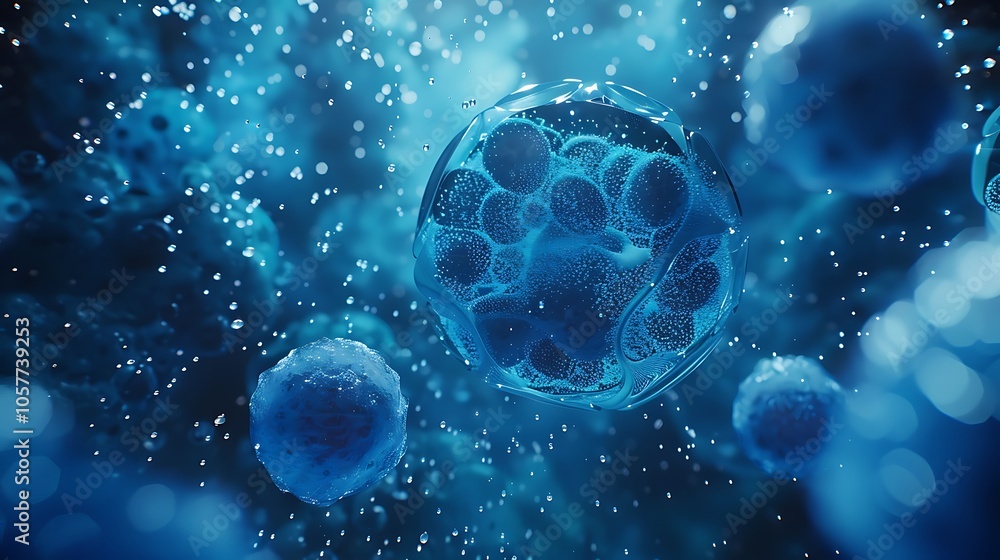 cell, with a blue hue, surrounded by blue particles, suggesting a focus on the cell and its... cell, with a blue hue, surrounded by blue particles, suggesting a focus on the cell and its...