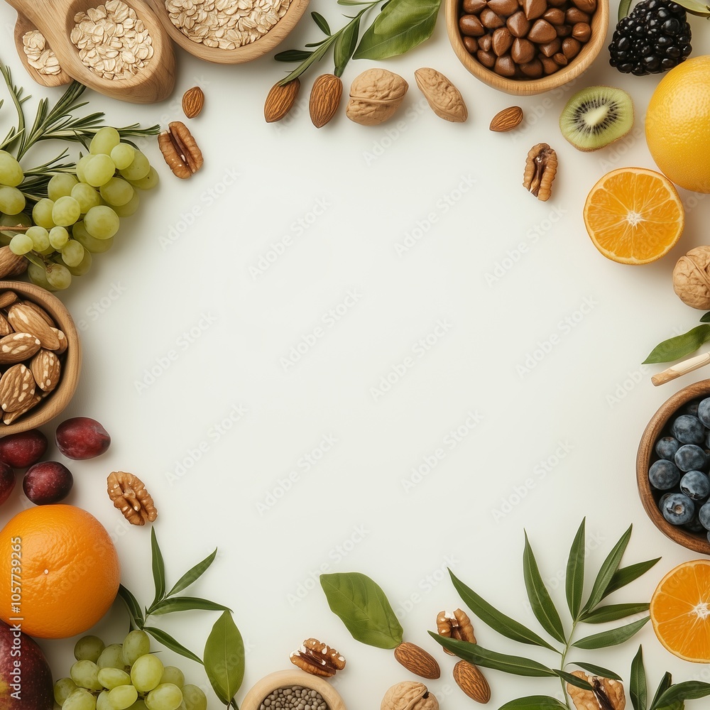 Healthy Food Frame with Fresh Fruits, Nuts, and Grains Healthy Food Frame with Fresh Fruits, Nuts, and Grains