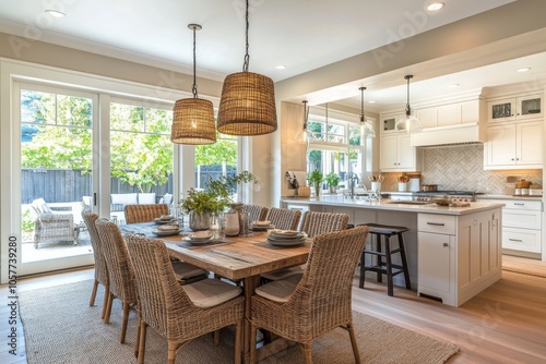 Cozy kitchen interior with rustic design and dining table decorated with a fl...
