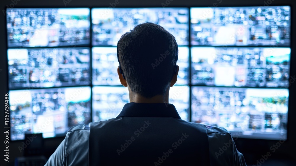 Surveillance expert analyzing data on multiple screens in a high-tech environment Surveillance expert analyzing data on multiple screens in a high-tech environment