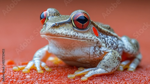 Colorful tree frog resting on a surface with a vibrant red background during ...