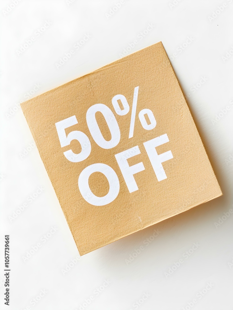 White '50% OFF' Text on a Beige Square Paper Note. White Background White '50% OFF' Text on a Beige Square Paper Note. White Background