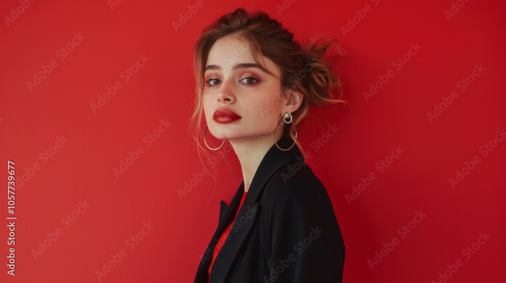 Stylish Fashion Portrait of Young Woman in Chic Outfit Against Vibrant Red Background Stylish Fashion Portrait of Young Woman in Chic Outfit Against Vibrant Red Background