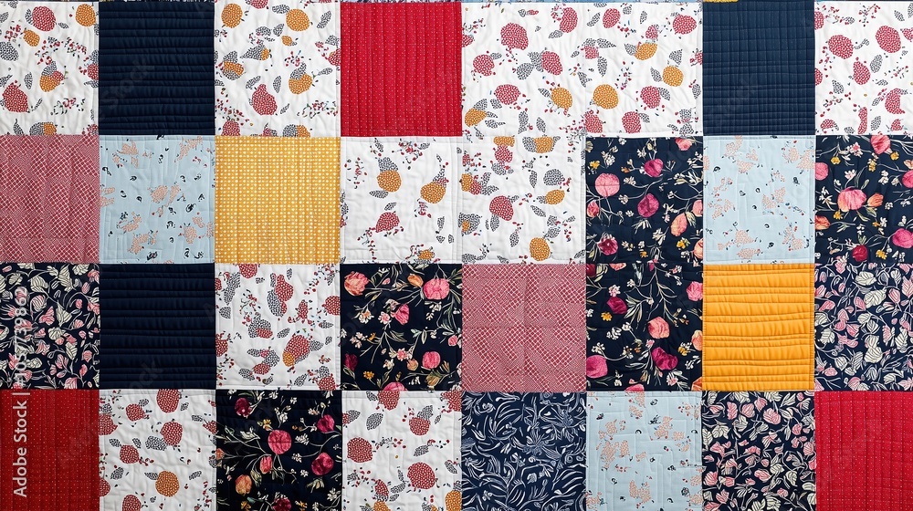 Patchwork quilt with a variety of floral patterns. The quilt is made up of many different pieces of fabric, each with its own unique design. The overall effect is a colorful Patchwork quilt with a variety of floral patterns. The quilt is made up of many different pieces of fabric, each with its own unique design. The overall effect is a colorful