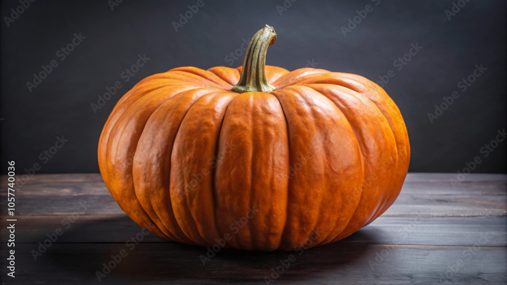Large Orange Pumpkin on a Rustic Wooden Surface with a Dark Background Large Orange Pumpkin on a Rustic Wooden Surface with a Dark Background