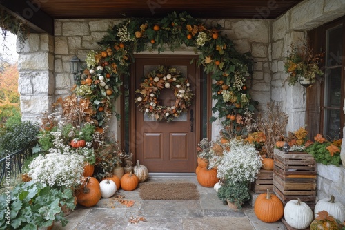 Autumn decorations at a charming home entrance featuring pumpkins and a flora...