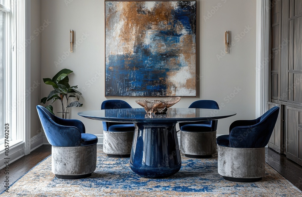 Elegant dining room with a modern blue oval dining table and four matching chairs, centered under stunning abstract art, and featuring luxurious decor in a serene, natural light-filled space. Elegant dining room with a modern blue oval dining table and four matching chairs, centered under stunning abstract art, and featuring luxurious decor in a serene, natural light-filled space.