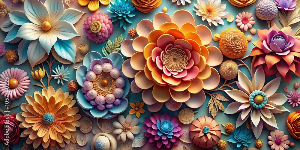 Paper Flower Symphony A Colorful 3D Arrangement of Delicate Blooms on a Teal Background Paper Flower Symphony A Colorful 3D Arrangement of Delicate Blooms on a Teal Background