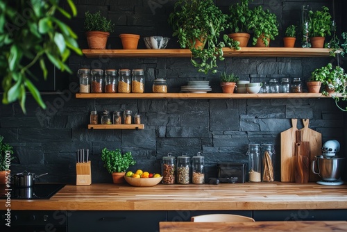 Rustic kitchen shelves filled with jars, bowls, and fresh herbs in a cozy ind...