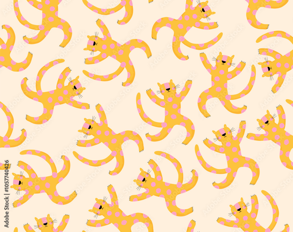Funny Seamless Vector Pattern With Happy Leopards. Wild Cats on a Apricot Background. Repeatable Print with Happy Dancing Leopards. Endless Print with Yellow Hand Drawn Wild Cats with Pink Dots. Funny Seamless Vector Pattern With Happy Leopards. Wild Cats on a Apricot Background. Repeatable Print with Happy Dancing Leopards. Endless Print with Yellow Hand Drawn Wild Cats with Pink Dots.