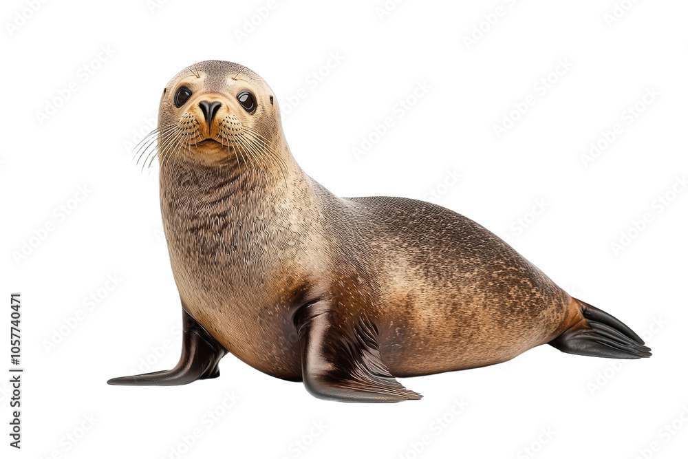 Fototapeta premium Curious sea lion looking at camera isolated transparent background