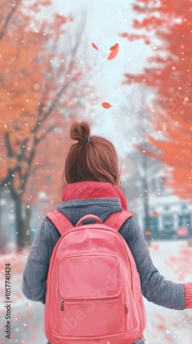 A girl with a pink backpack walking through an autumn park with falling leave...