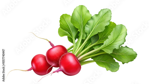  Fresh Red Radish with Green Leaves Isolated on a White Background