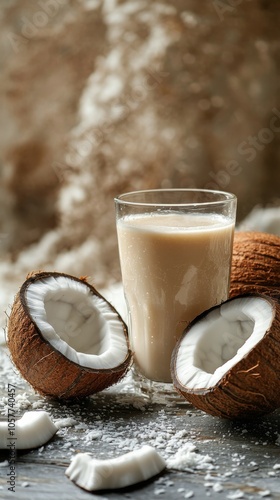 Creamy coconut milk in a glass surrounded by fresh coconuts and shredded coco...