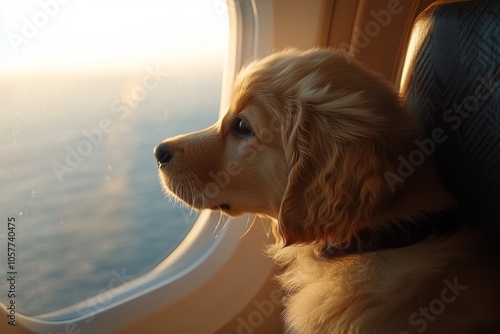 A golden retriever puppy enjoys a scenic flight near the window during golden...