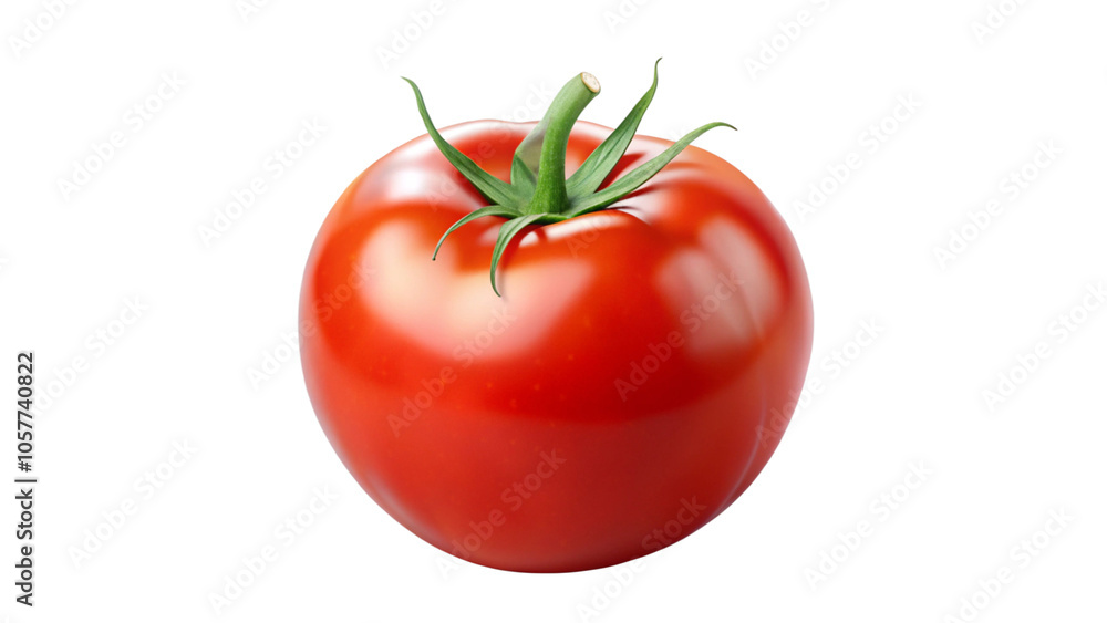 Fresh Ripe Red Tomato with Green Stem Isolated on a White Background Fresh Ripe Red Tomato with Green Stem Isolated on a White Background