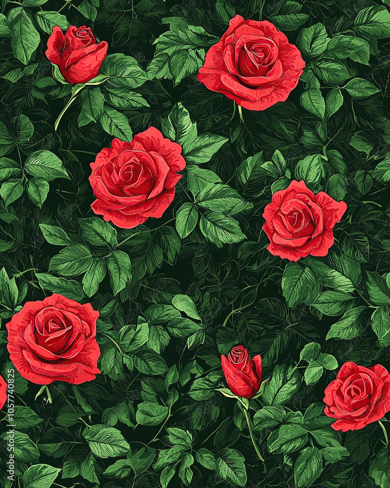 seamless pattern design Red roses on a green leaf background seamless pattern design Red roses on a green leaf background