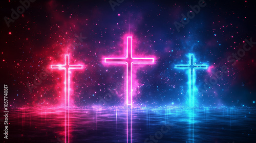 Colorful glowing crosses illuminate a serene landscape at night