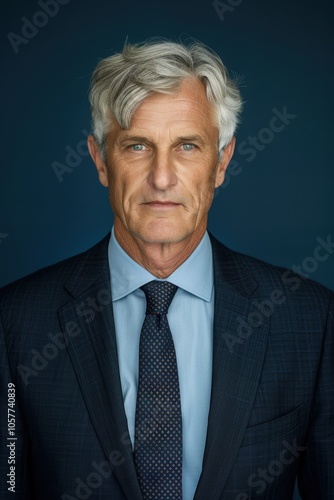 Senior Executive Business Portrait in Formal Suit Against Dark Blue Background