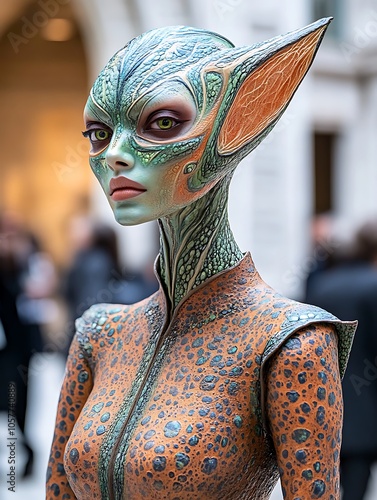 A striking image of a stunning alien female model gracing the runway at fashion week photo