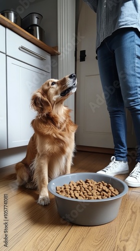 Golden retriever eagerly waiting for food in a cozy kitchen during mealtime a...