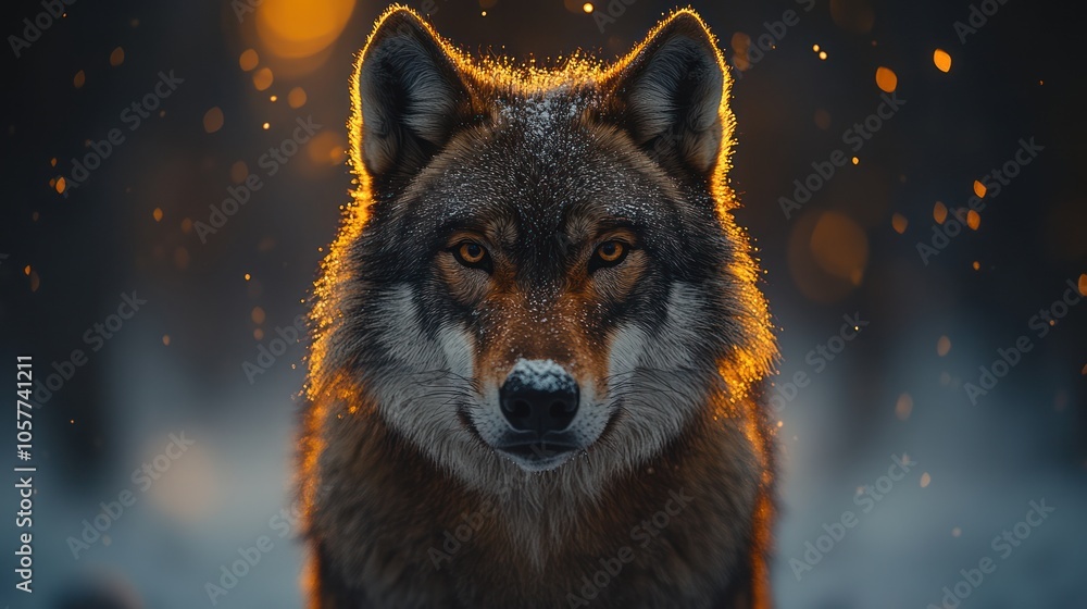 A wolf with piercing yellow eyes stares intensely at the camera in a snowy forest. A wolf with piercing yellow eyes stares intensely at the camera in a snowy forest.