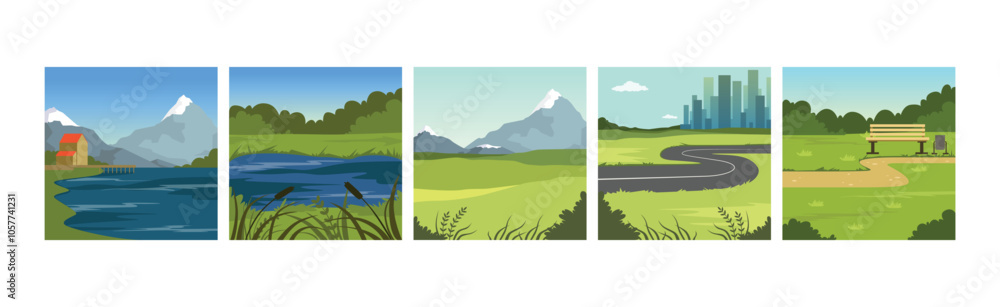 Obraz premium Natural Summer Landscape View and Scene of Field and City Vector Set