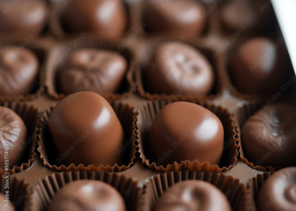 View shows chocolates stacked neatly inside a box with plenty of empty space around them.