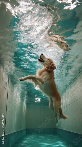 Golden retriever swimming in an indoor pool during a bright sunny day