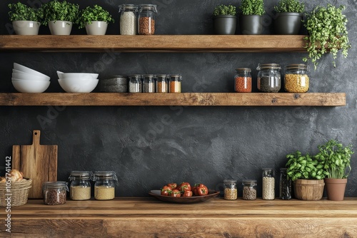 Rustic kitchen shelves filled with jars, bowls, and fresh herbs in a cozy ind...