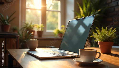 Wallpaper Mural a laptop and a cup of coffee sit on a table in front of a window. Torontodigital.ca