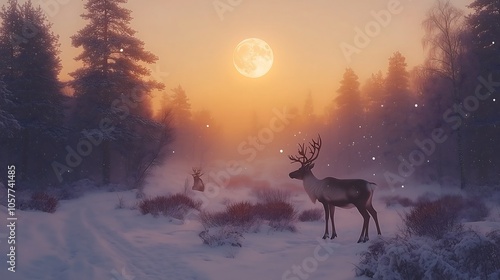 Tranquil Reindeer in a Snowy Forest with Soft Moonlight on Christmas Eve