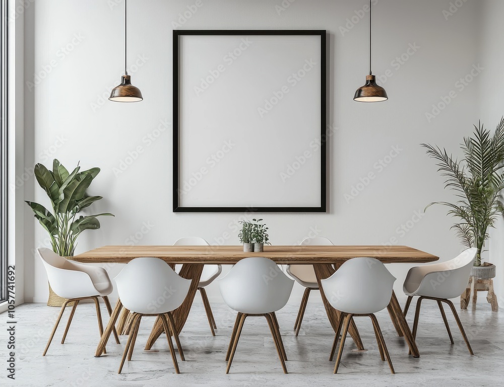 Modern dining room with a stylish wooden table, white chairs, and large black picture frame above, surrounded by lush green plants Modern dining room with a stylish wooden table, white chairs, and large black picture frame above, surrounded by lush green plants