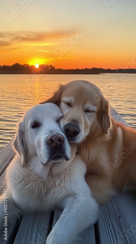 Two dogs cuddling by the water at sunset in a serene evening setting