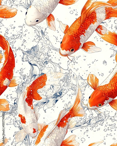 seamless pattern design Koi fish with splashes, white background photo