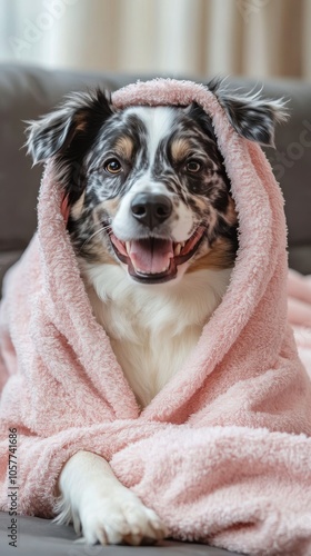 Happy dog wrapped in a pink blanket lounging comfortably at home on a cozy af...