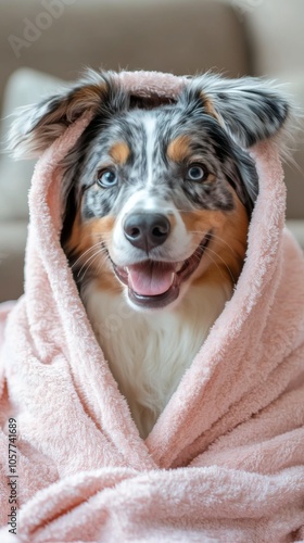 Happy dog wrapped in a pink blanket lounging comfortably at home on a cozy af...
