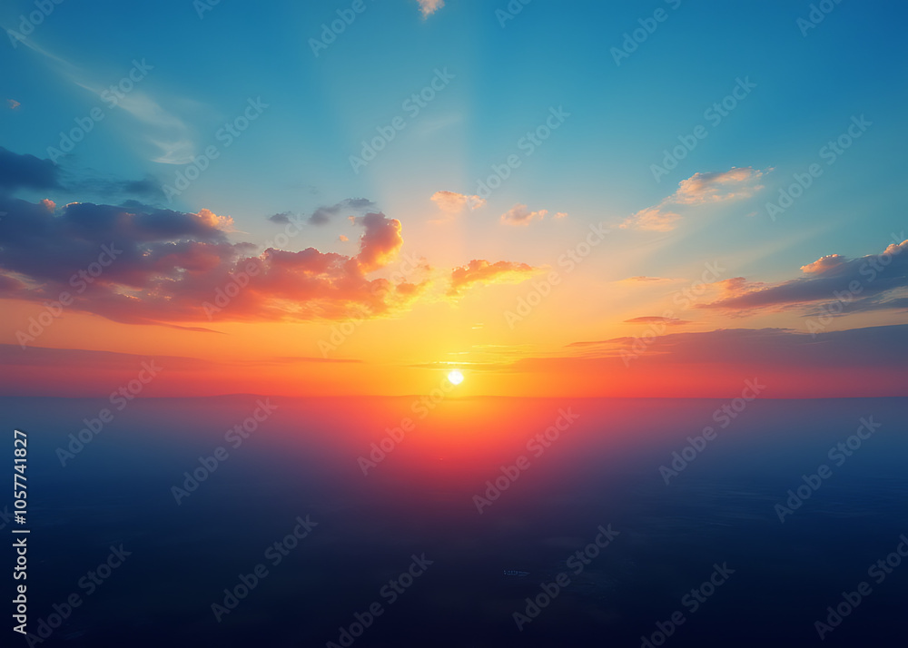 Fototapeta premium Vibrant colors blend in a beautiful morning sunrise over the landscape with blue and orange hues.