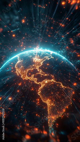 A stunning view of Earth from space showcasing illuminated continents and stars