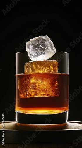 A glass of whiskey with ice resting on a wooden surface against a dark backdrop