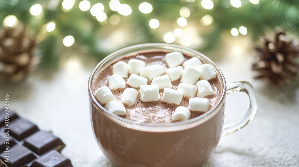 A cup of hot chocolate with marshmallows on a white table, with pine cones and a piece of chocolate nearby. A cup of hot chocolate with marshmallows on a white table, with pine cones and a piece of chocolate nearby.