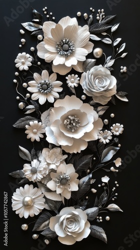Elegant black and white floral arrangement featuring various paper flowers an...