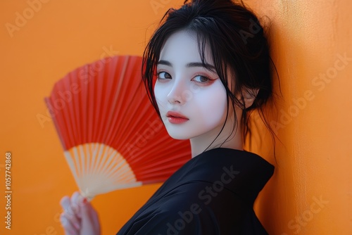 A young woman poses gracefully with a red fan against a vibrant orange backgr...