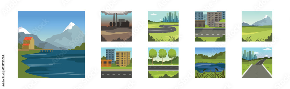 Obraz premium Natural Summer Landscape View and Scene of Field and City Vector Set